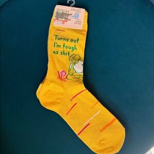 NWT Blue Q Yellow Novelty Crew Socks with Graphic Turns out I’m tough as shit